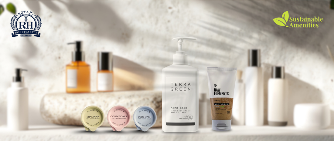 Eco-friendly refillable shampoo dispensers in hotel bathroom