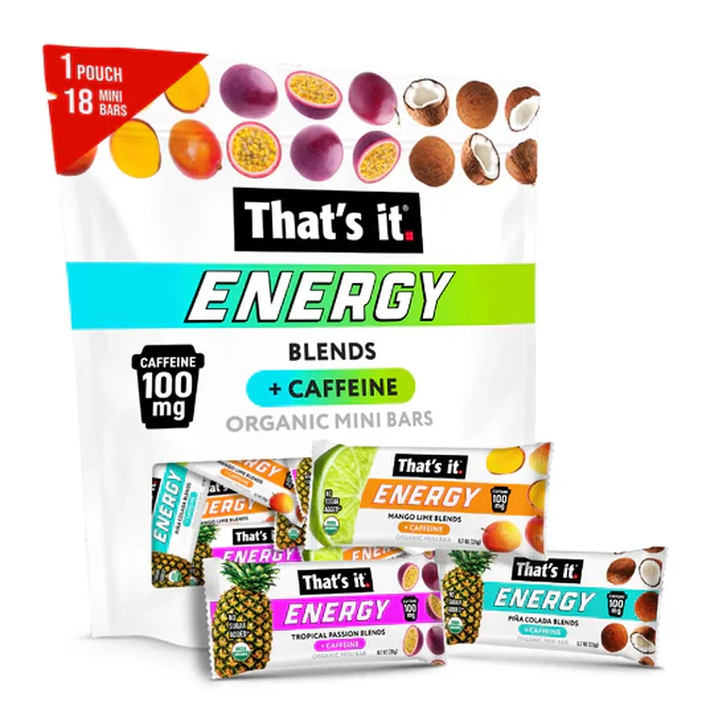 Organic Energy Minis Variety Pack 100mg - Mango Lime, Piña Colada & Tropical Passion (18 Bars)