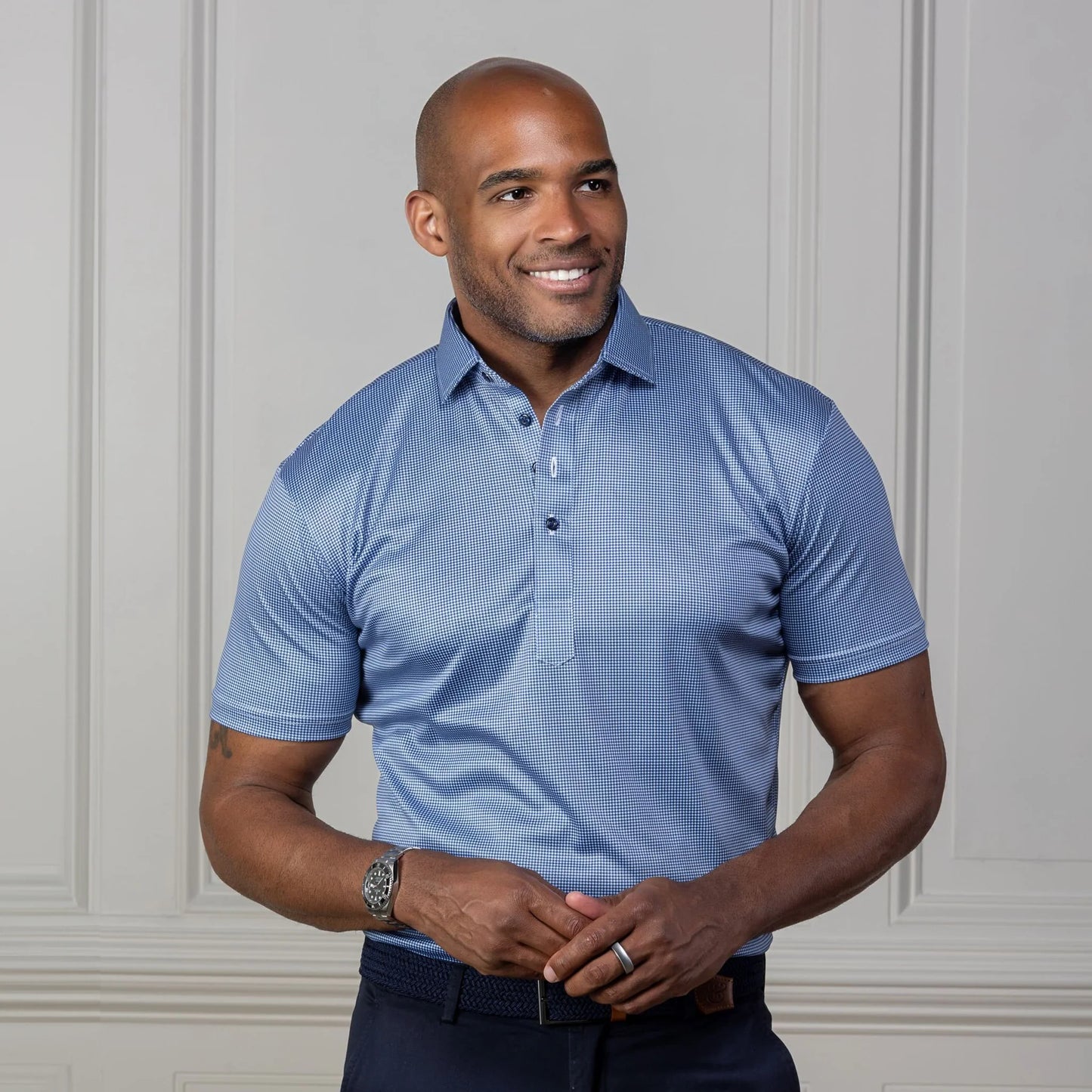 Collars & Co. Apparel - Original Fit Semi-Spread Dress Collar Polo Navy Houndstooth