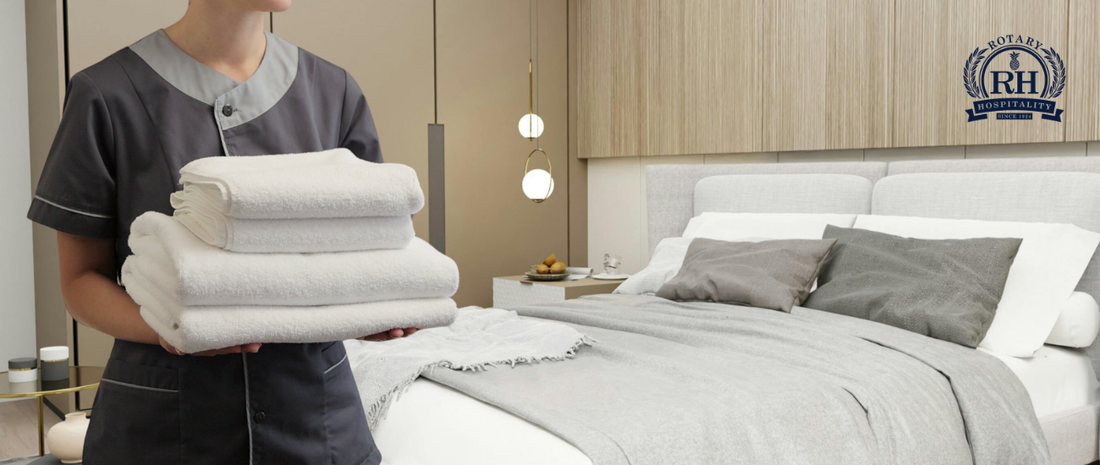 Hotel staff folding crisp white sheets to extend linen lifespan through proper handling