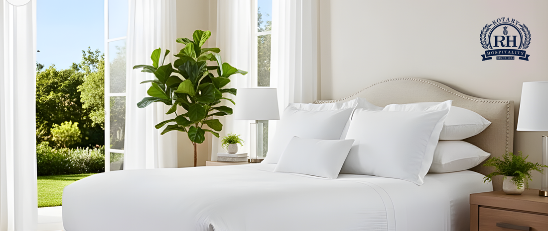 Luxury hotel bed with white cotton sheets and decorative throw