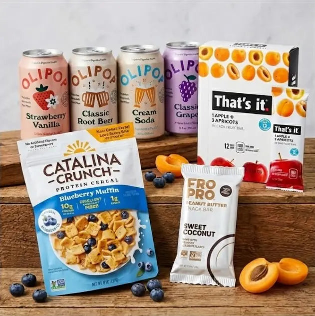 A variety of colorful packaged snacks and beverages