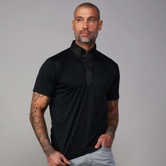 Oxford Button Down Collar Polo Black with Dark Charcoal Accent